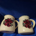 Back Road Vintage Valuables cream stoneware salt and pepper shakers with red apple design and scalloped rim.
