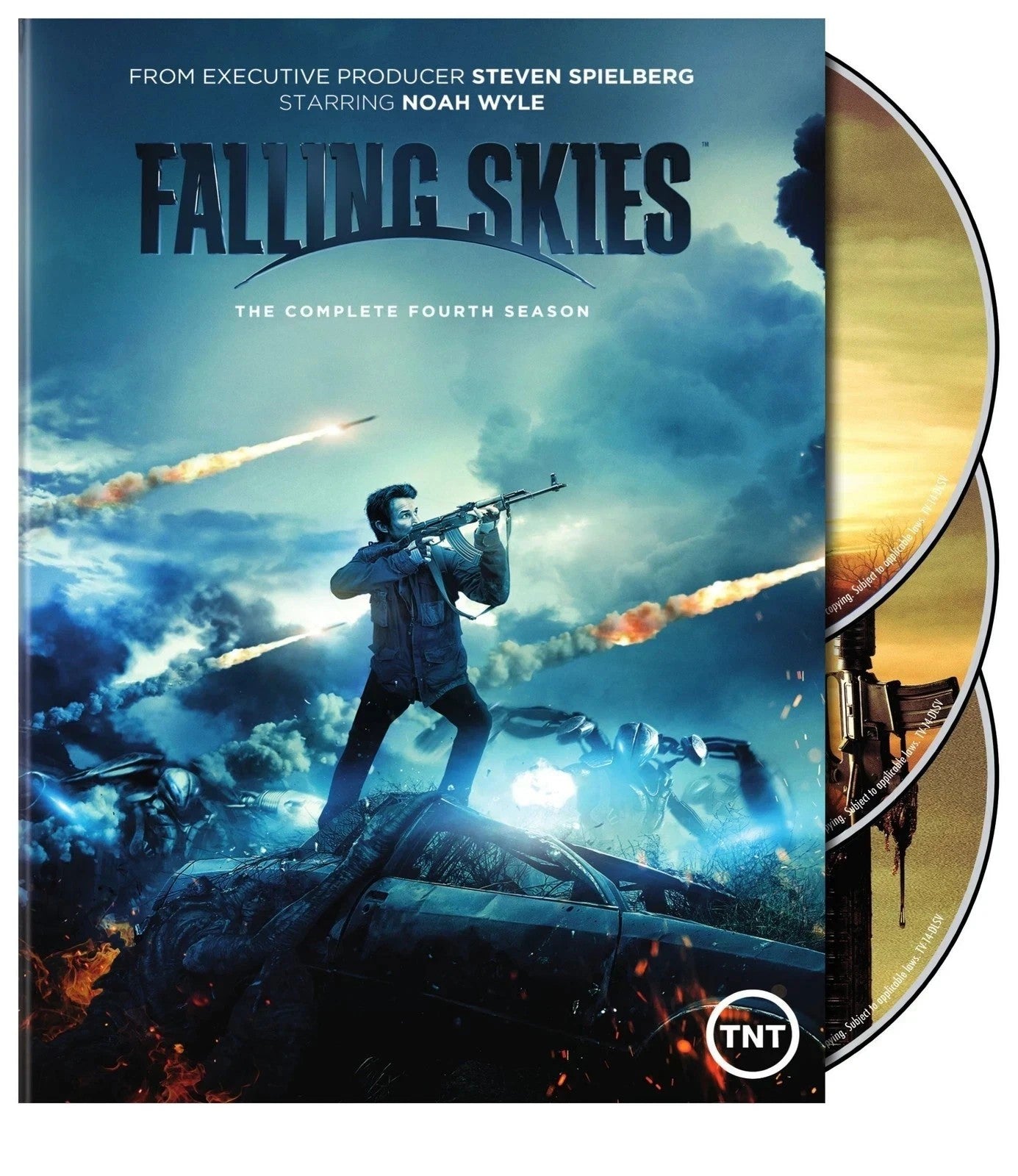 Falling Skies: The Complete Fourth Season DVD, widescreen, NTSC. Features Noah Wyle as Tom Mason aiming a rifle.