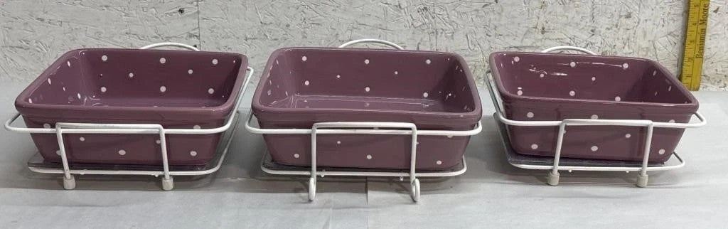 Back Road Vintage Valuables purple polka dot ceramic dishware set with white wire racks.