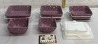 Back Road Vintage Valuables purple polka dot 11pc dishware set with square bowls and serving dishes.
